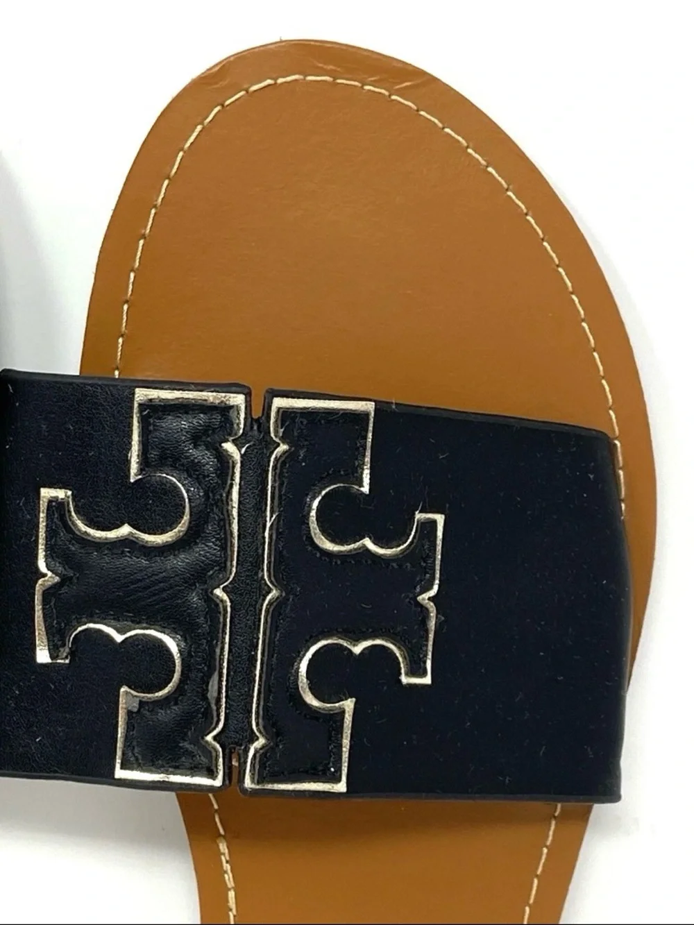Tory Burch Ines Large Logo Slide Leather Flat Sandals Brown Black EUR 40 / US 10